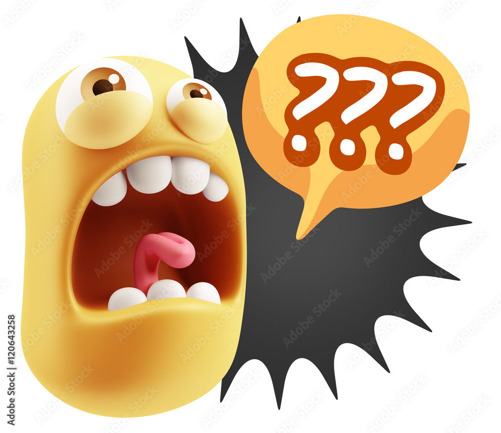 Poster 3d rendering angry character emoji saying ??? with colorful spee