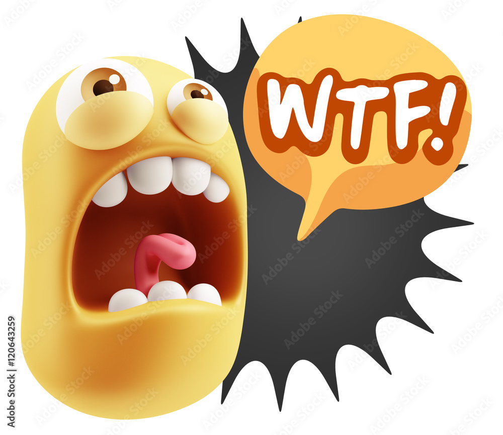 Fototapete 3d rendering angry character emoji saying wtf with colorful spee