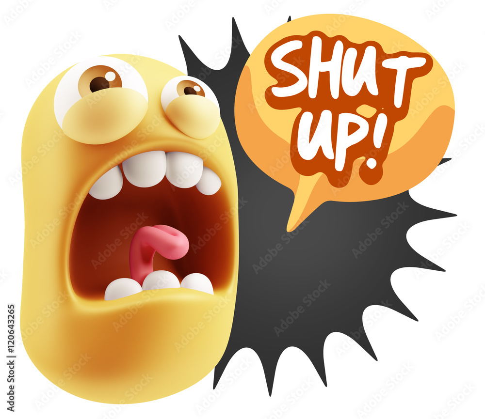 Poster 3d rendering angry character emoji saying shut up with colorful
