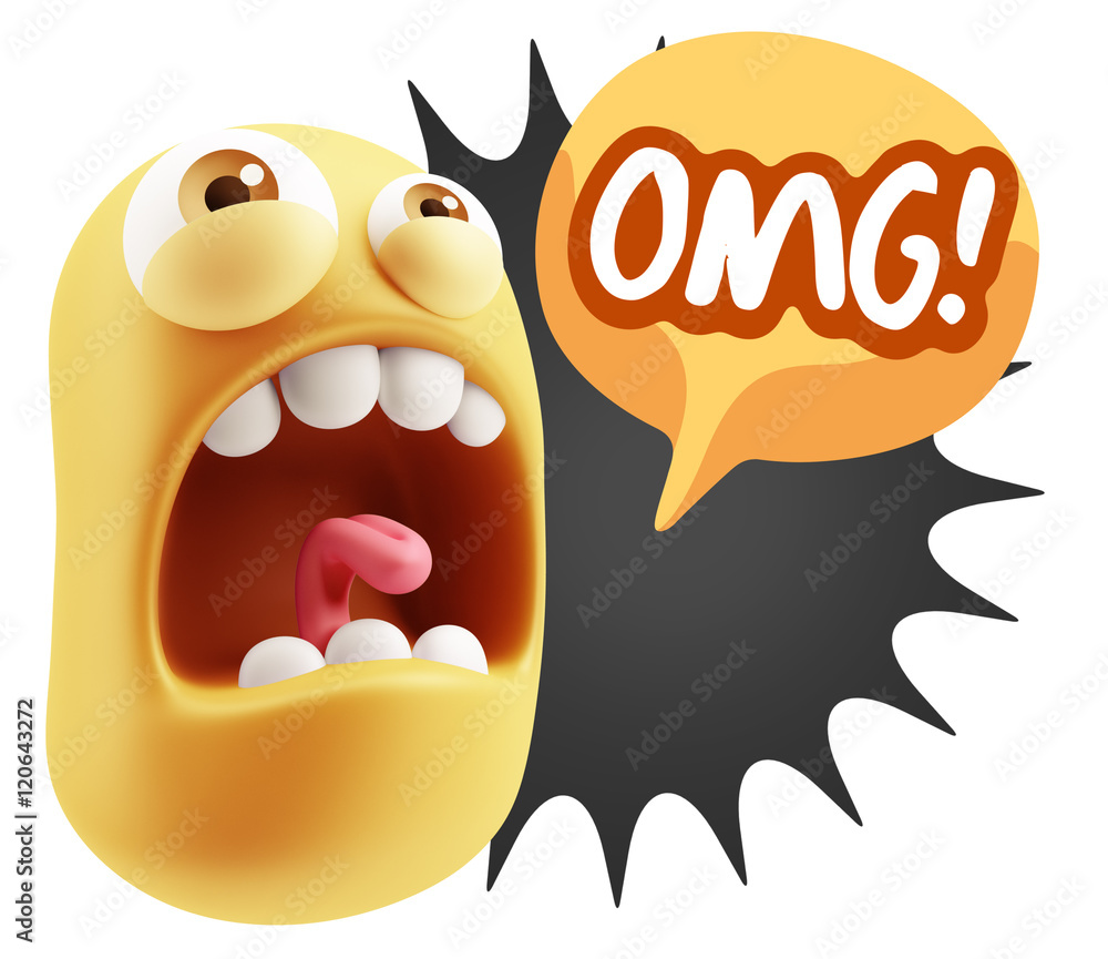 Poster 3d rendering angry character emoji saying omg with colorful spee
