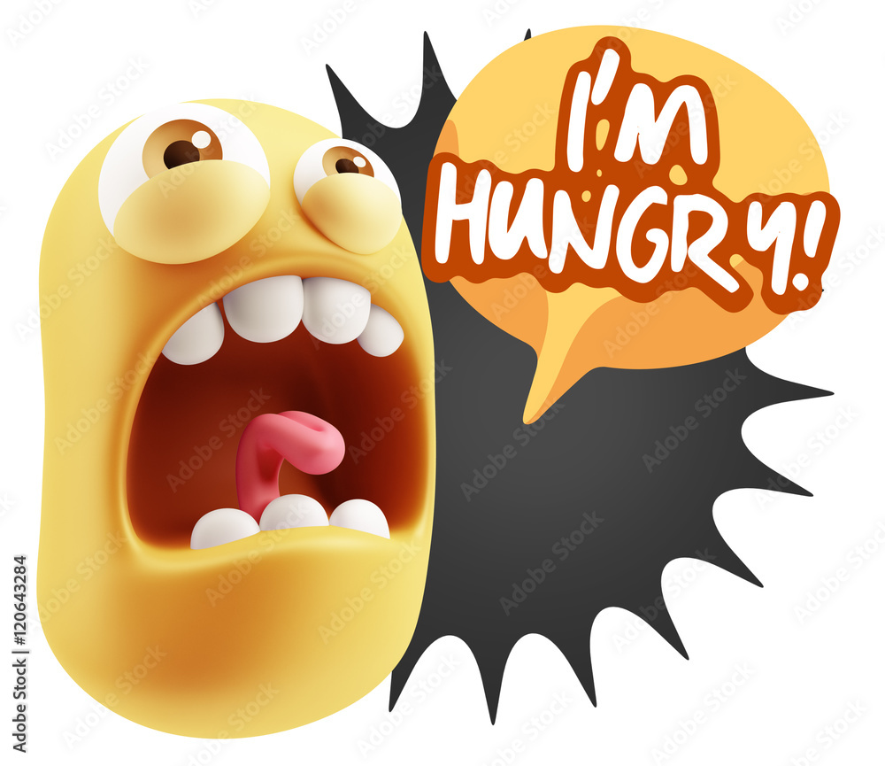 Poster 3d rendering angry character emoji saying i'm hungry with colorf