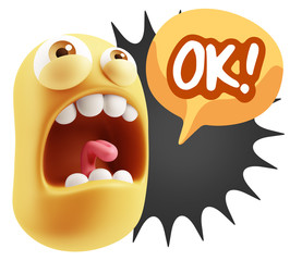 3d Rendering Angry Character Emoji saying OK with Colorful Speec