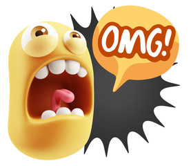 3d Rendering Angry Character Emoji saying OMG with Colorful Spee