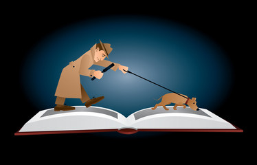 Vector illustration. A male detective in a beige hat and coat walking on the pages of an open book with magnifying glass and his search dog following a trace. Horizontal format, dark blue background.