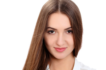 Naklejka premium Young beautiful brunette woman face portrait with healthy skin. Isolated background