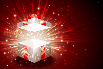 Open gift box with shining exploding firework from glitter; For theme of christmas, new year, birthday gifts; Vector Background Eps10