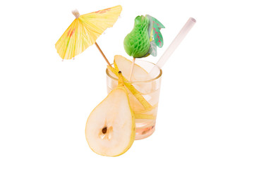 Glass with rum and pear on a white background
