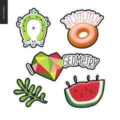 Patches, hand drawn vector stickers set. A set of five cartoon hand drawn elements. Doughnut with note Yummy, geometric heart with lettering I love Geometry, watermelon, plant, and a horseshoe