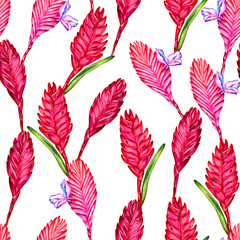 Seamless floral tropical pattern. Hand painted watercolor exotic bromelia flowers on white background. Textile design. - 120645096