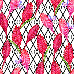 Seamless floral tropical pattern. Hand painted watercolor exotic bromelia flowers on black and white geometric ornament background. Textile design.