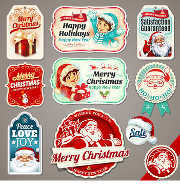 Vector set of vintage Christmas labels, badges and banners with Santa Claus, present, children, tree, sleigh, reindeers and hat illustrations in retro style. Typographic design elements.