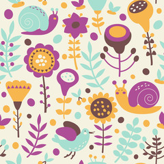 Seamless pattern made of flowers, birds, bees, snails and butterflies