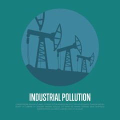 Industrial pollution vector illustration. Silhouettes of oil pump energy industrial machines for petroleum on blue background. Traditional electricity sources banner.