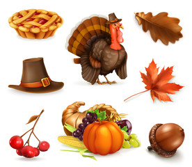 Happy Thanksgiving cartoon character and objects. 3d vector icon set