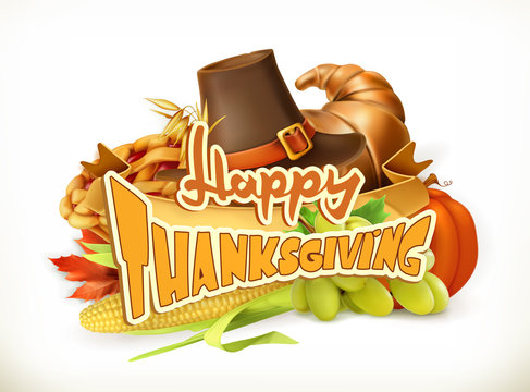 Happy Thanksgiving. Invitation. Greeting card. 3d vector logo