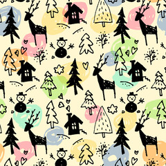 Merry Christmas and Happy New Year black and white hand drawn seamless pattern with rough edges