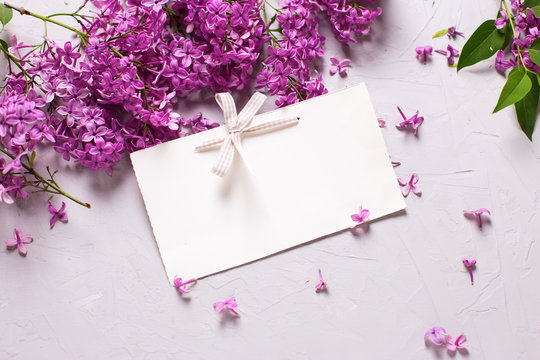 Fresh  violet lilac flowers  and empty tag