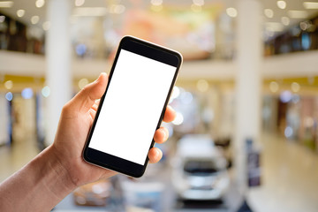 hand holding blank screen of mobile department booked.