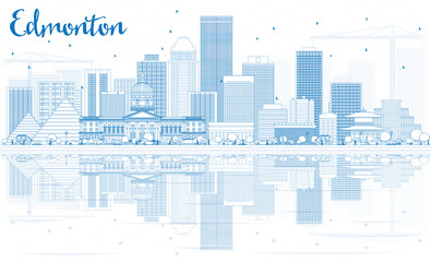 Outline Edmonton Skyline with Blue Buildings and Reflections. - obrazy, fototapety, plakaty