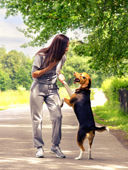 Young woman walking with beagle dog outdoors