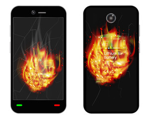 broken smartphone explosion with burning fire