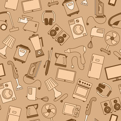 Seamless background with a simple  icons on the topic of household appliances, gamma beige