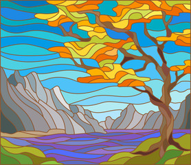Naklejki  Ilustracja w krajobrazie w stylu witrażu z samotnym drzewem na tle gór, wody i nieba