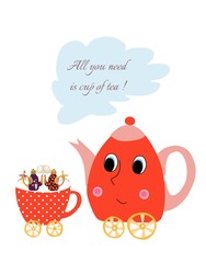 Maternal child cute cartoon poster card with teapots-children and  cup-stroller.