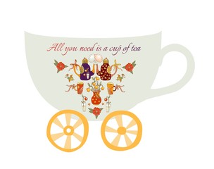 All you need is a cup of tea. Cute cartoon card with teapots, flowers and cups.