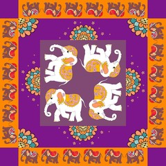 India. Lovely tablecloth or quilt. Ethnic bandana print with ornamental border. Silk neck scarf with flowers and elephants. Summer kerchief square pattern design style for print on fabric.