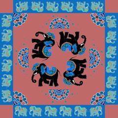 India. Lovely tablecloth or quilt. Ethnic bandana print with ornamental border. Silk neck scarf with flowers and elephants. Summer kerchief square pattern design style for print on fabric.