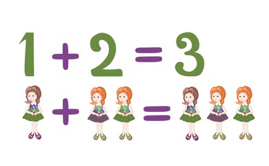 Fototapeta premium Cartoon illustration of mathematical addition and subtraction. Examples with cute little girls. Educational game for children.