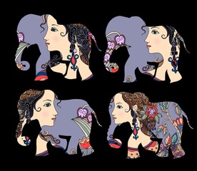 Naklejka premium India. Beautiful elephants with portrait on black background. Vector set. Decorative silhouettes.