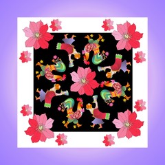 Lovely tablecloth or kerchief. Bandana print or silk neck scarf with beautiful ornament from flowers and fairy birds. Vector illustration. Year of the rooster.