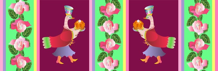 Beautiful vector card with two ducks and pink roses.