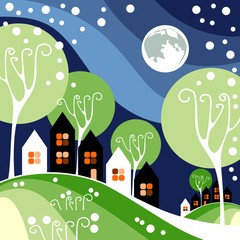 Night summer town with blue sky. Vector illustration.