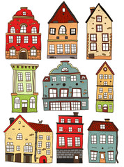 Set Of Hand Drawn Colored Buildings