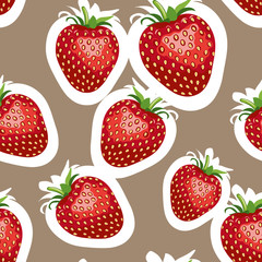 Pattern of realistic image of delicious big strawberries different sizes. Brown background