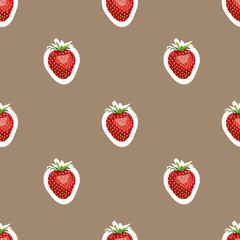Pattern of realistic image of delicious ripe strawberries same sizes. Brown background