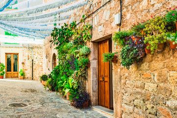 Old houses at the mediterranean village Valldemossa Majorca Spain