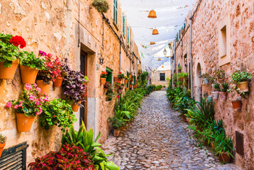 Picturesque street with flowers in an Spanish hill town