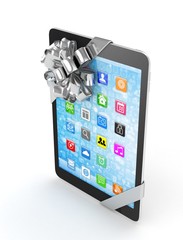 Black tablet with silver bow and icons. 3D rendering.