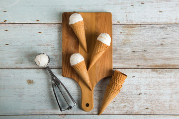 Fototapeta na wymiar vanilla ice cream with preparation, top down view