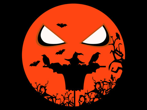 recommend clip art: Halloween scary scarecrow, ravens and bats. Illustration for Halloween holiday. Vector illustration.