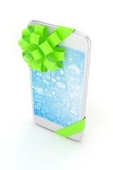 White phone with green bow and blue screen. 3D rendering.