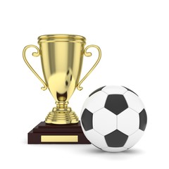 Isolated golden cup with ball on white background. Soccer and football. First place trophy. Game and competition. 3D rendering