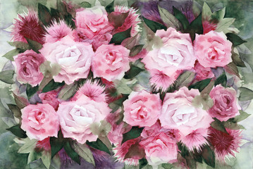 Watercolor painting. Background with pink roses and green leaves.