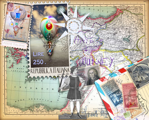 Sfondo vintage con francobolli,mappe e mongolfiere