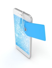 White smart phone with blue price tag on white background. Identification, price, label. 3D rendering.