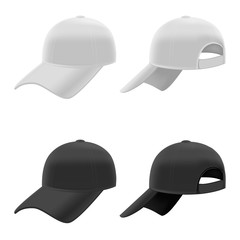 Realistic Black and White Baseball Cap Set. Vector